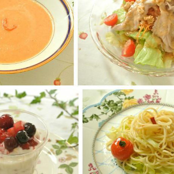  カニ缶で作る紅ズワイガニのトマトクリームスープ＆豚しゃぶサラダ＆キャベツとミニトマトのサラダ&フルグラのヨーグルトパフェ