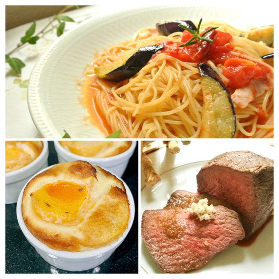 ローストビーフ 白菜のクリーム煮 揚げなすとトマトのパスタ フルーツのクラフティを作りましょう
