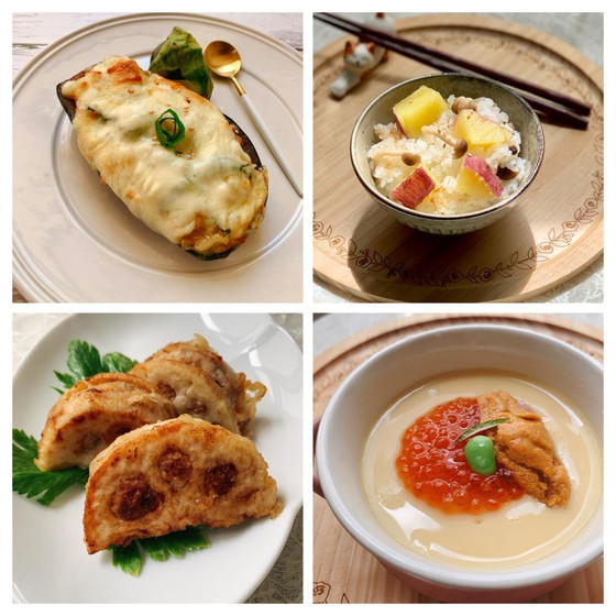 失敗しない「なめらか茶碗蒸し」＆ナスの肉味噌田楽チーズ焼き＆蓮根の挟み焼き＆さつま芋の炊き込みご飯を作りましょう