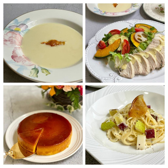 ハーブチキン&季節野菜のサラダ＆レンジで作るさつま芋のポタージュ＆ゴルゴンゾーラ、さつま芋、ラフランスのクリームパスタ、カボチャのプリンを作りましょう