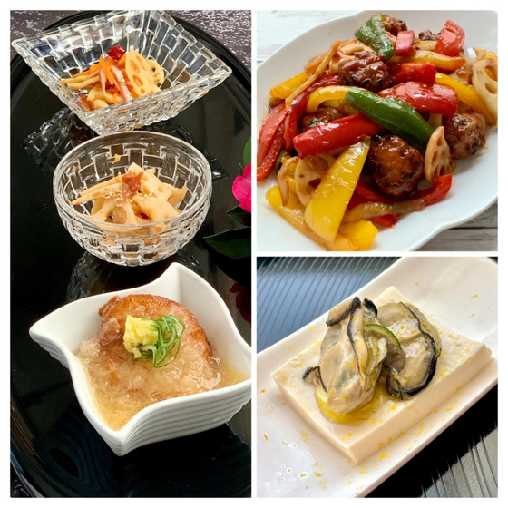 旬の食材を美味しくいただきましょう♡長芋蓮根餅の揚げ出し♡蓮根のマリネ♡蓮根の梅肉和え♡パプリカと肉団子の黒酢あん♡牡蠣と豆腐の昆布締め