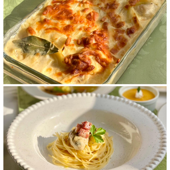普段の食材でも華やかに♡牡蠣のカルボナーラ＆若鶏のグラチネ＆人参とマスカルポーネのムース