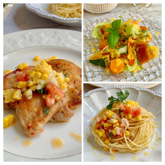 チキンステーキとうもろこしサルサソース＆冷製パスタ&１日分の緑黄色野菜が摂れるサラダで夏の疲れを吹き飛ばしましょう