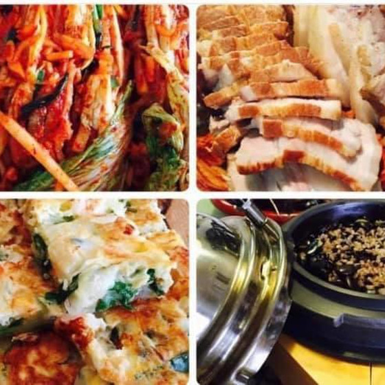 白菜キムチ배추김치、海鮮チジミ해물지지미. ボッサム보쌈. 雑穀ご飯잡곡밥 