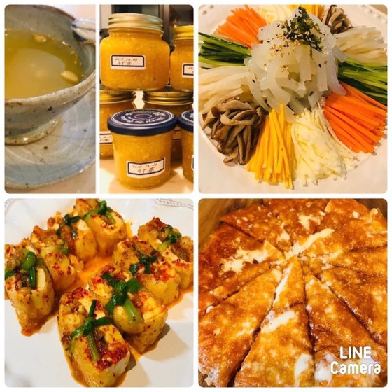 ゆず茶유자차. タンピョンチェ탕평채. 人参チジミ당근지지미. 豆腐キムチチム두부김치찜(ベジテリア可)