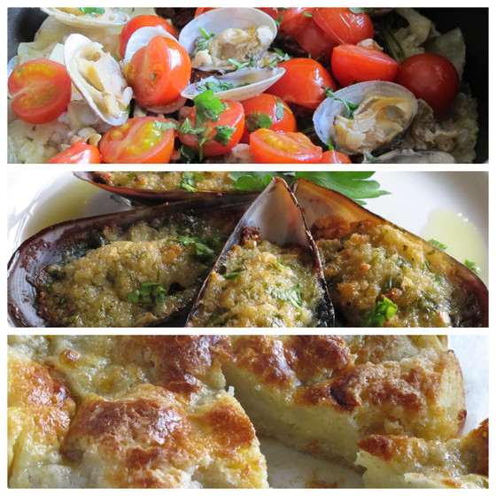 イタリア風炊き込みご飯「ティエッラ」ムール貝の香草パン粉焼