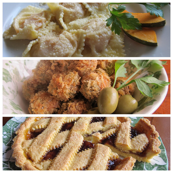 かぼちゃのトルテッリ、オリーブ肉詰め、クロスタータ