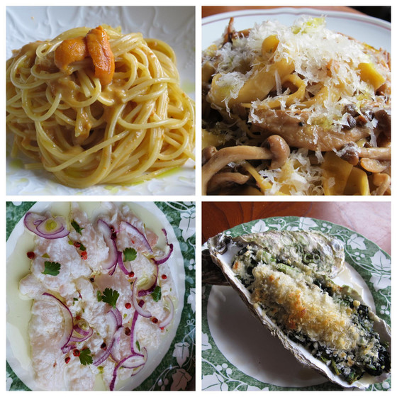 生ウニパスタ、キノコ生パスタ、カキオーブン焼き、カルパッチョ