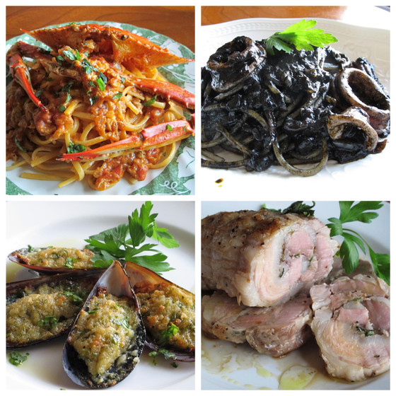 イカスミパスタ、渡り蟹パスタ、ムール貝パン粉焼き、ポルケッタ