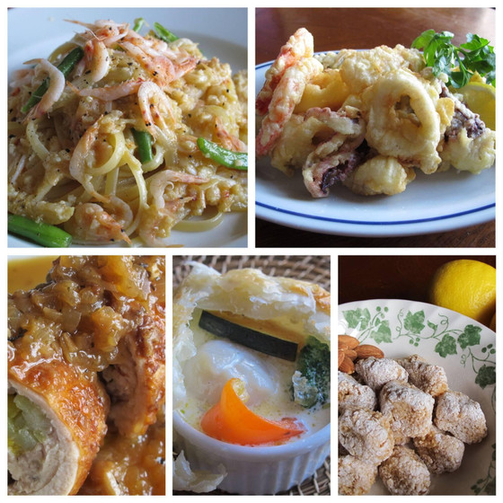 桜エビのパスタ、ホタテと季節野菜のポットパイ焼き、魚介のフリット、チキンロールののマスタード風味、アーモンドのビスコッティ（リクエストレッスン）