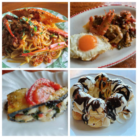 渡り蟹のトマトソースパスタ、鶏肉のマレンゴ風煮込み、ホタテのパルミジャーナ、トルタビドナータ（リクエストレッスン）