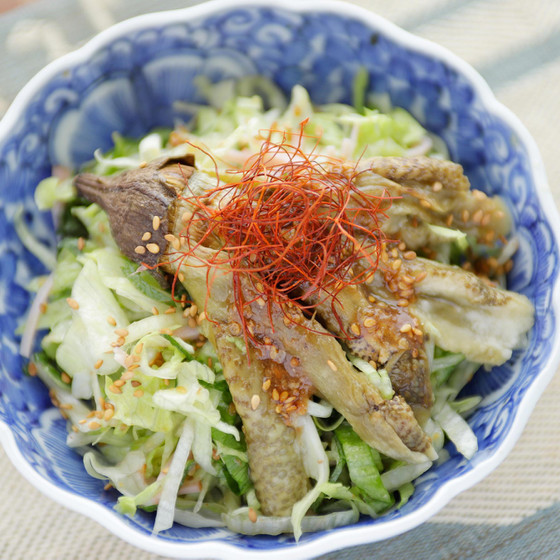 焼き茄子の中華サラダ 梅肉生姜ダレ