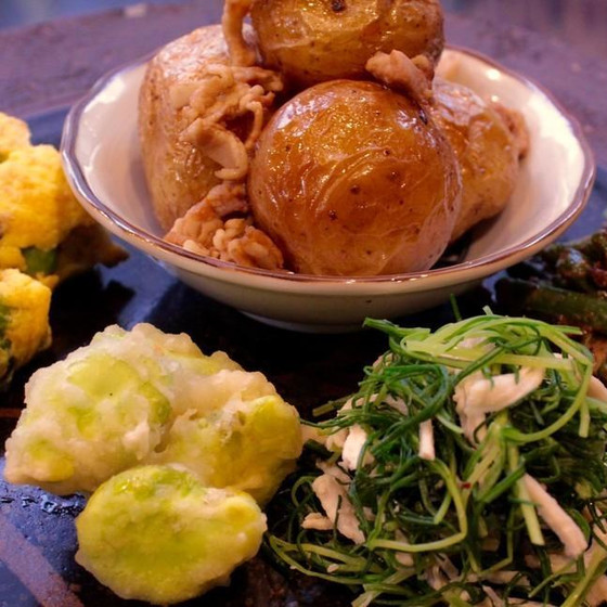 春野菜基本と応用8品　おかひじき、そら豆、あさりの卵焼き