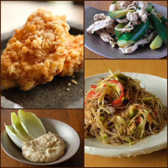 フムス、きゅうりと豚肉の炒め物、チャプチェ、フライドポーク
