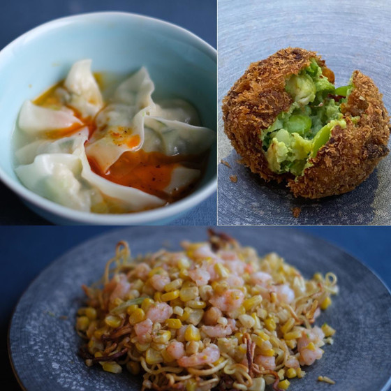 【夏の食材を使って4品】枝豆とアボカドのコロッケ、胡瓜と牛肉のワンタン、とうもろこしと海老の塩焼きそば、桃のスパイシーサラダ