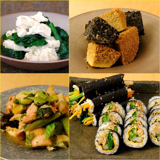 【寒い季節の食材】プレミアム菜の花キンパとナッツミニキンパ、胡麻たまご、セロリとネギ鶏肉の蒸し物、自家製凍り豆腐と寒ほうれん草の煮浸し