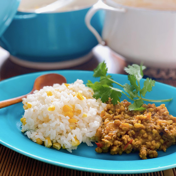 熱を冷ます『玉蜀黍ご飯＆緑豆スパイスキーマカレー』
