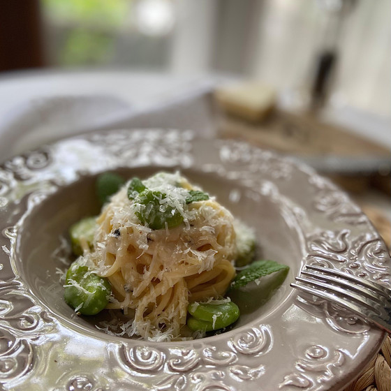 『おうちイタリアン』そら豆のカチョ・エ・ぺぺのスパゲッティ