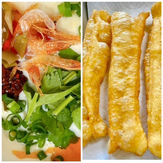台湾朝食メニュー：油条（揚げパン）と豆乳のスープ