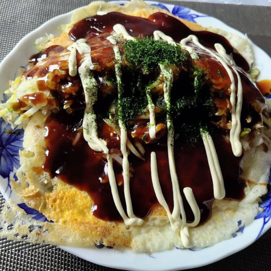 広島風お好み焼き、夏野菜の揚げびたし、桜餅