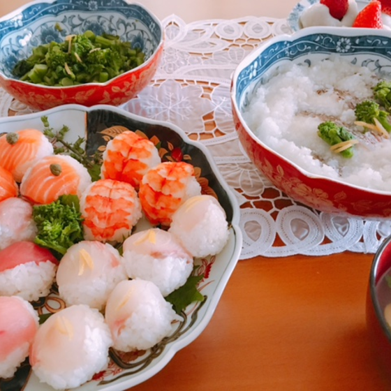雛祭りもＯＫ　手毬寿司、白身魚のかぶら蒸し、菜の花のお吸物・菜の花の辛子和え