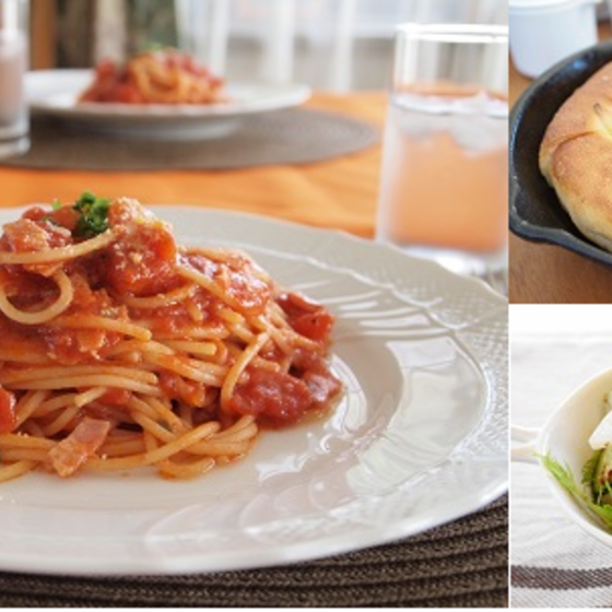 フォカッチャとトマトソースパスタ（リクエスト頂けます）