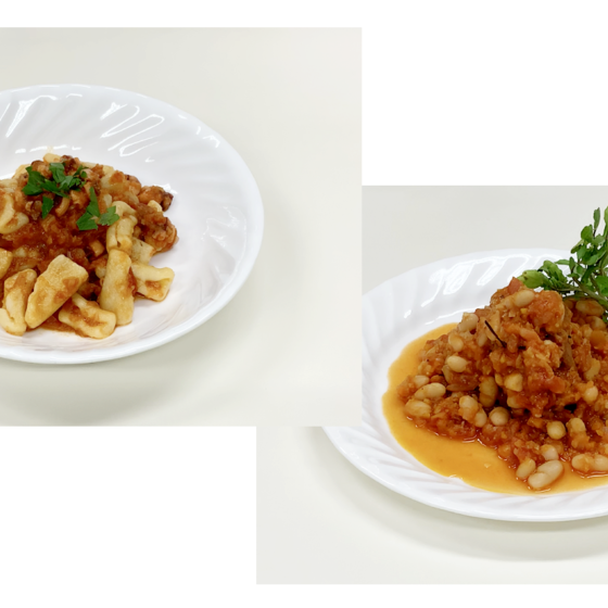 チカティエッリのタコのソース、豚肉と白インゲン豆の煮込み