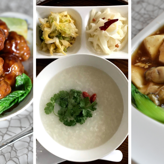 【簡単だから何度でも】肉団子の黒酢餡かけ、牡蠣と豆腐のうま煮、中華粥、塩卵、白菜の中華風漬物2種、白胡麻きな粉餅