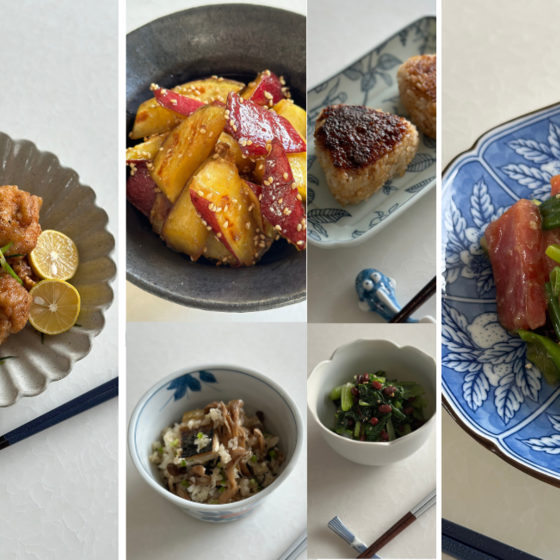 【簡単だから何度でも】秋の夜長のおうちごはん（鶏の山椒唐揚げ、漬けマグロと九条ネギの和え物、塩鯖とキノコのみぞれ和え、鶏豆腐、小松菜と小豆のお浸し、さつまいもの塩きんぴら、焼きおにぎり）