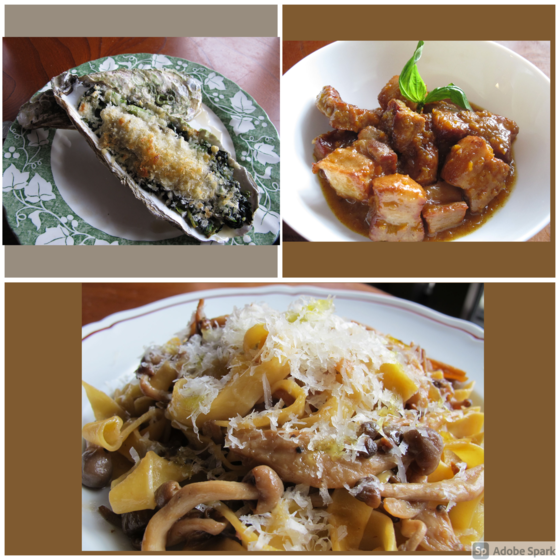 ポルチーニパスタ、豚バラビール煮、カキほうれん草オーブン焼き