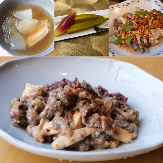 【夏の終わりと秋の始まりの食材を使って4品】白味噌ビーフストロガノフ、冬瓜と手羽のスープ煮、蒸し茄子甘酢挽肉がけ、オクラのピクルス