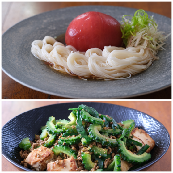 【初夏から夏の野菜を使って】フルーツトマト丸ごと素麺、新生姜の肉天、ゴーヤとニラの豆腐炒め、青野菜の黒胡椒和え