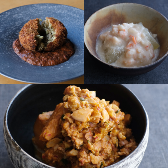 【秋の始まりの野菜と果物で4品】カボチャのナッツ煮、梨と豚肉の煮物、茄子のコロッケ、冬瓜の豆腐スープ