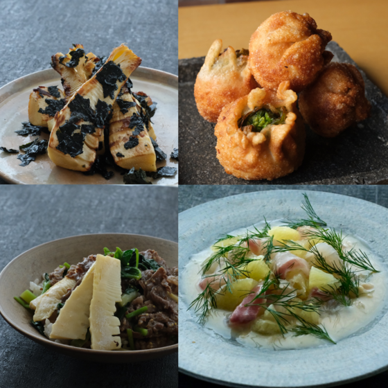 春先の食材を使って4品【竹の子の海苔塩、ふきのとうの包揚げ、鯛と柑橘の白味噌仕立て、牛肉と竹の子のご飯三つ葉風味】