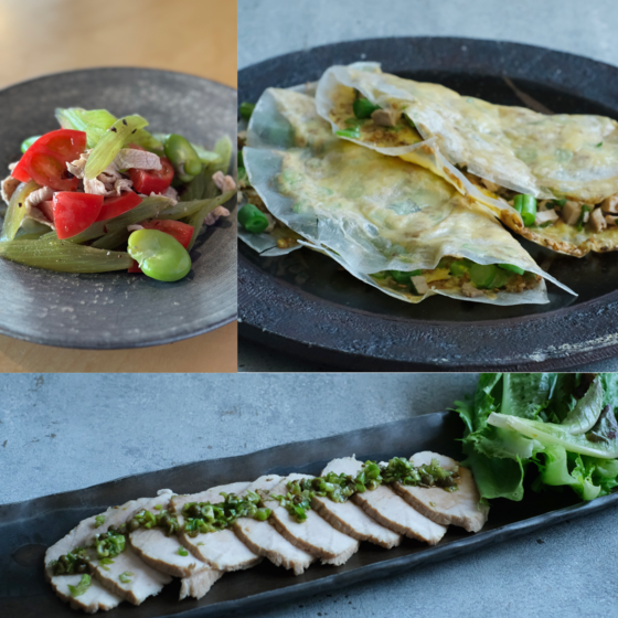 【初夏の野菜で4品】しっとり味付茹で豚肉の山椒のソース、焼きライスペーパー、ふきとトマトとそら豆の茹で豚サラダ、レタスと卵餃子のスープ