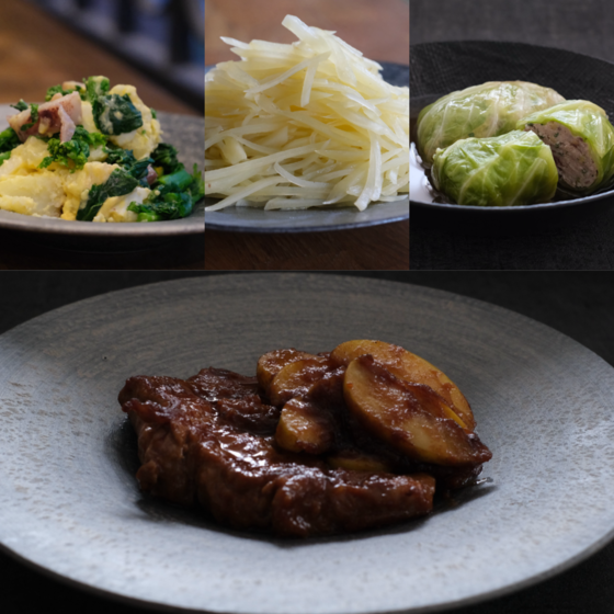 【和風洋食】万能出汁で作るロールキャベツ、味噌リンゴのポークソテー、菜の花と卵のポテとサラダ、ジャガイモ塩炒
