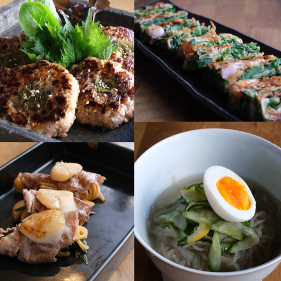 【辛くない！夏に美味しい韓食】胡瓜とレモンの冷麺　韓国風ハンバーグ(トッカルビ) 新玉ねぎ醤油漬けと焼きしゃぶ、ニラたっぷりチヂミ