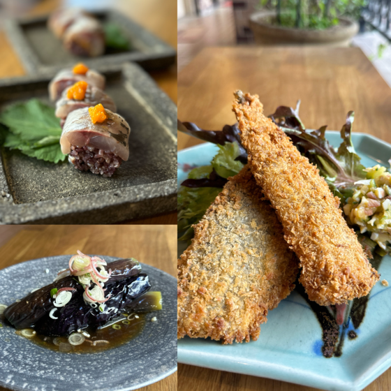 【夏が旬のアジと茄子で4品】アジフライと薬味タルタルと手作りソース、鯵寿司、茄子の煮物、水茄子マスタードサラダ