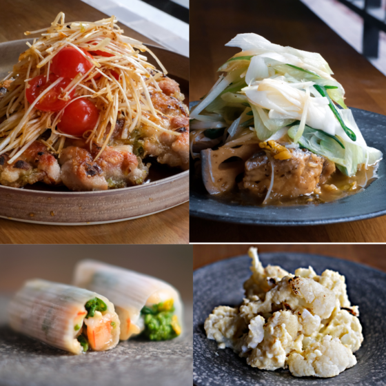 ネギと冬の食材で5品【カリカリねぎチキンのねぎダレ、冬の魚とねぎの香味煮、ねぎと胡麻の焼きパン、海老のねぎ包蒸し、カリフラワーのとも和え】