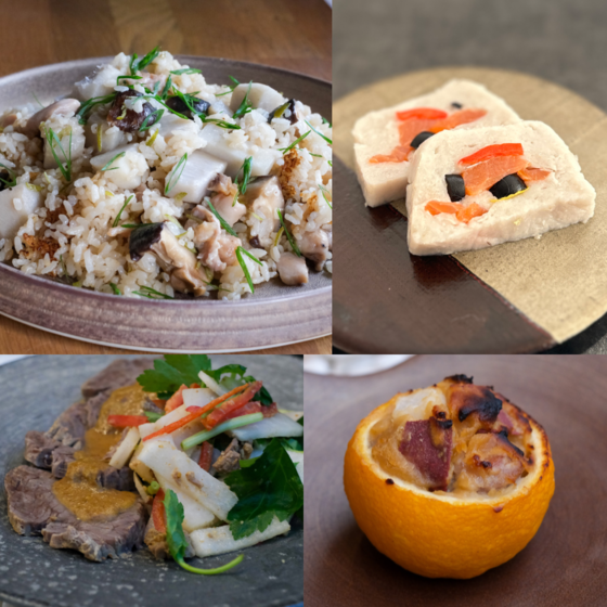 冬の食材で5品【里芋と鶏肉の爽やか炊き込みご飯、里芋のテリーヌ、塩牛と根菜サラダ、柚子釜グラタン、ごぼうのポタージュ】