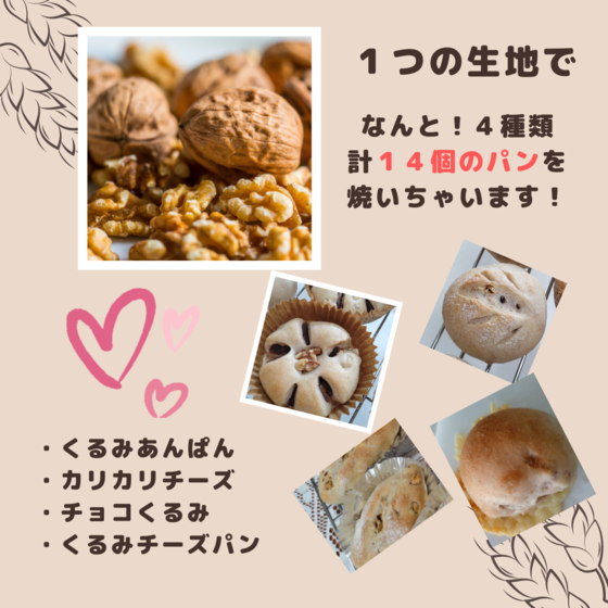 1つの生地で４種類（くるみ生地のパンを１４個作ろう）