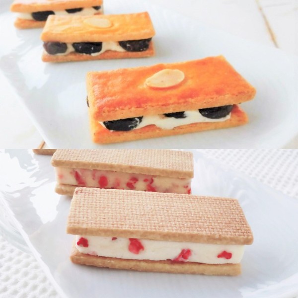 2種のクリーム　
イチゴとラムレーズンバターサンドサブレ
