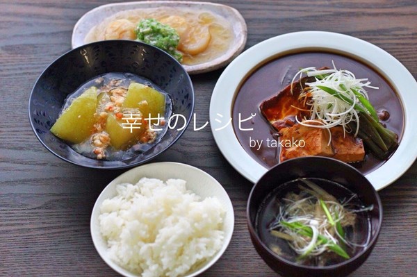 秋鯖味噌煮 冬瓜海老あんかけ 貝柱ゼリー酢かけ 鯖潮汁