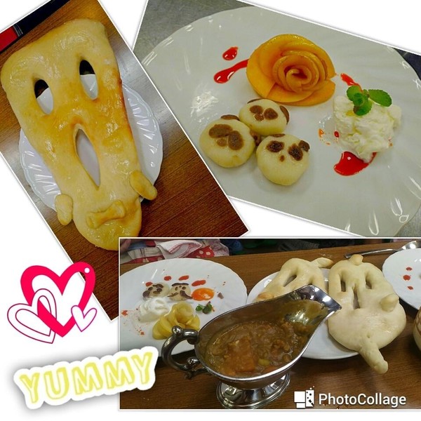 親子でおばけナンとカレー、白玉パンダ添え焼きりんご