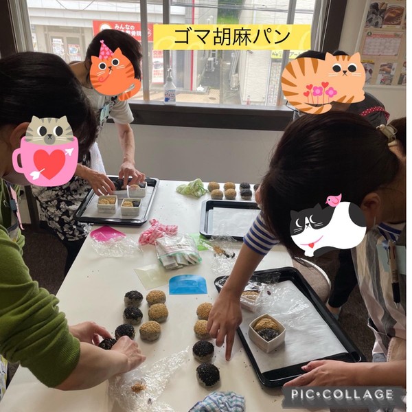 ゴマ胡麻パン、丁寧に型の中へ