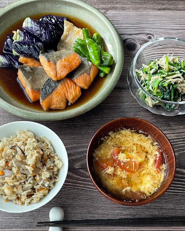 9月の教室　揚げびたし、ごま和え、五目御飯、味噌汁