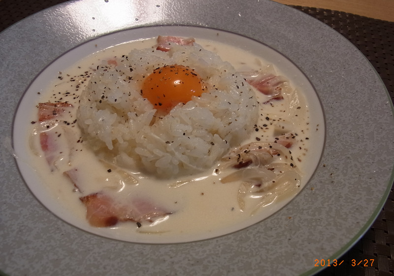 旨っカレー米　in 和風カルボナーラスープ