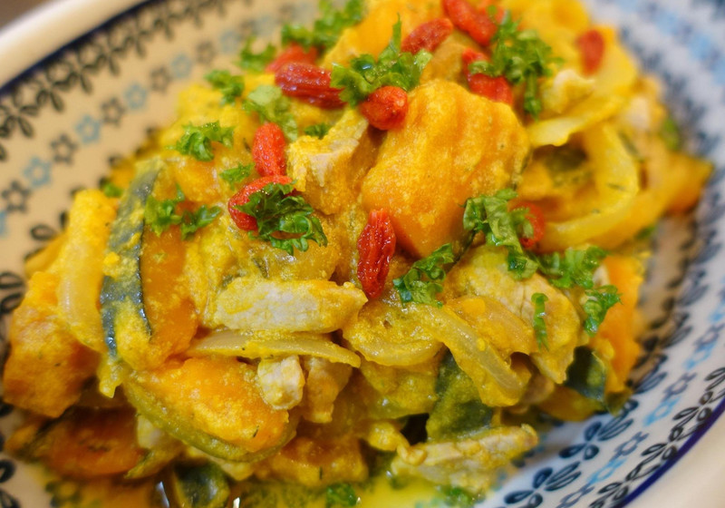 アンチエイジングに　豚ひれと南瓜の豆乳炒め