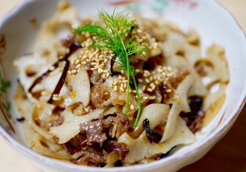 レンコンと牛肉の甘辛炒め